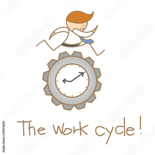 cartoon character of business man running over the clock gear