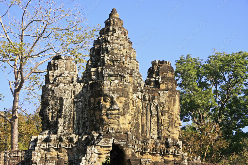 Stone faces of South Gate, Angkor Thom, Cambodia