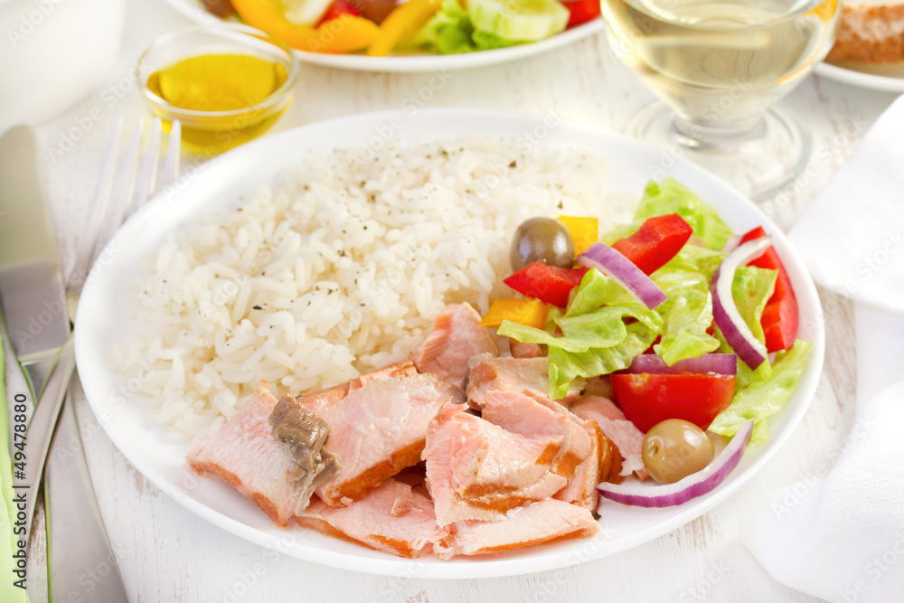 grilled fish with boiled rice and vegetable salad grilled fish with boiled rice and vegetable salad