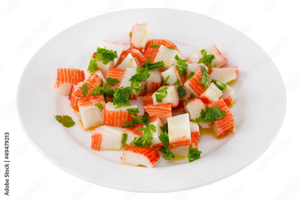 salad with seafood on the plate on white background