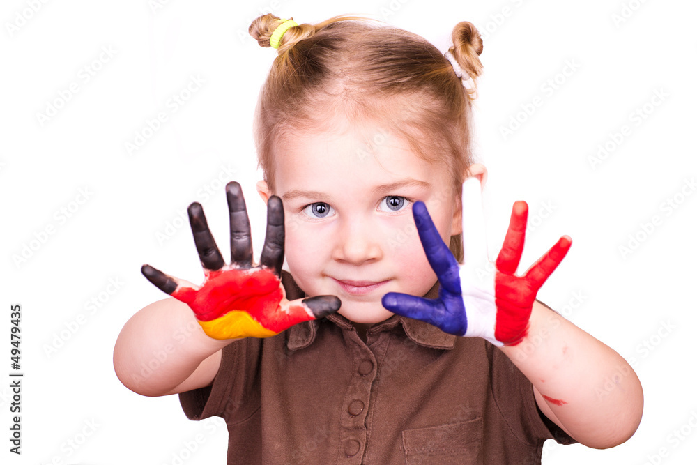 Beautiful girl with hands painted as German and French flags Beautiful girl with hands painted as German and French flags