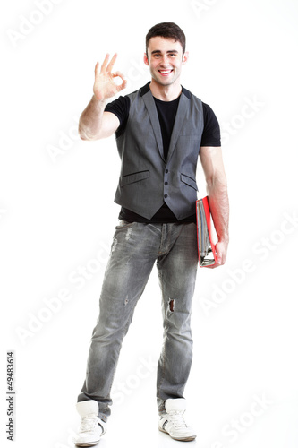 successful, happy male student showing ok sign Isolated