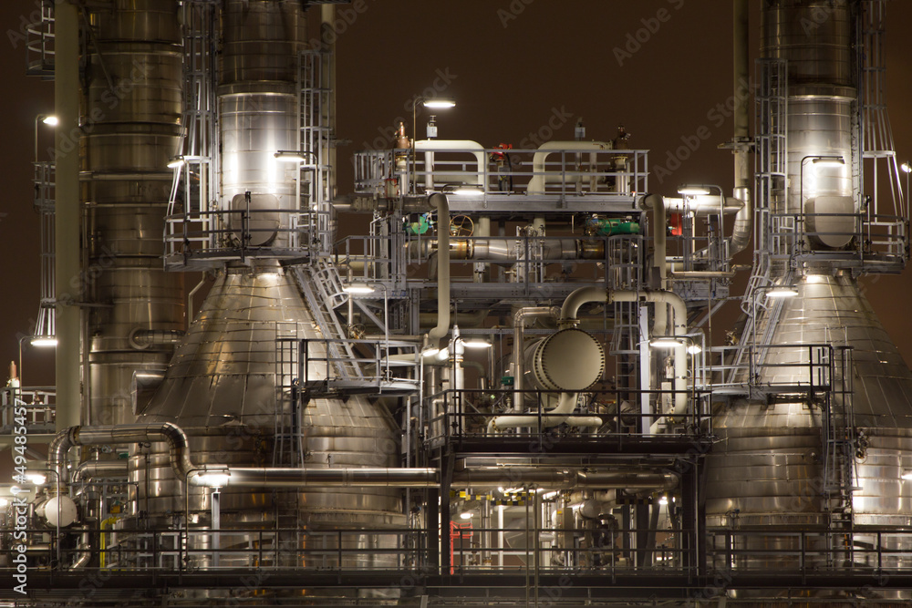 Close-up of industrial pipelines of an oil-refinery plant