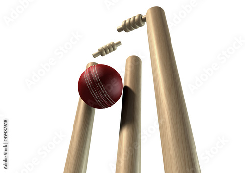 Obraz na płótnie Cricket Ball Hitting Wickets Perspective Isolated