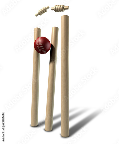 Obraz na plátně Cricket Ball Hitting Wickets Perspective Isolated
