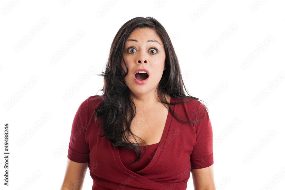 Surprised Hispanic woman portrait isolated on white Surprised Hispanic woman portrait isolated on white