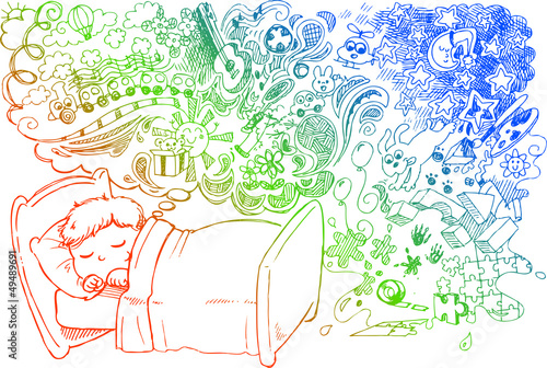 Child in bed dreaming of toys and funny things
