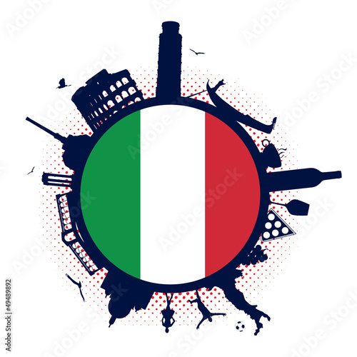 Italy flag and silhouette landmarks