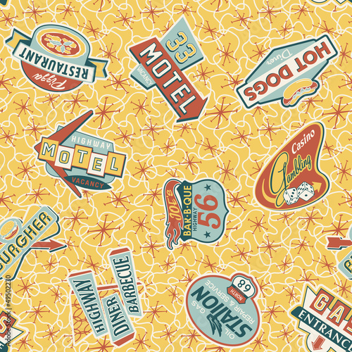 Sixties shop sign boards - vector seamless pattern