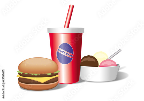 fast food, burger soda and ice cream