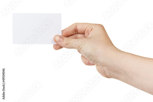 female teen hand holding blank card