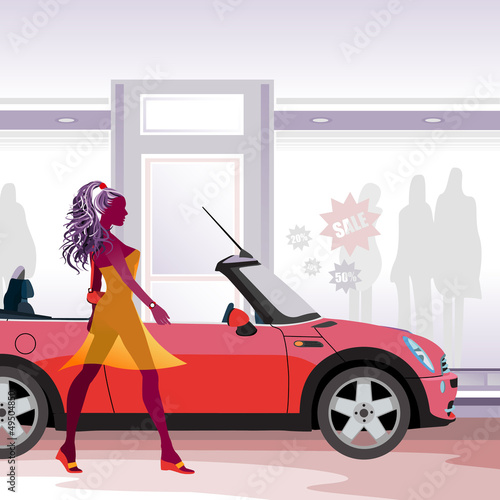 Happy fashion girl with her car is shopping (purple set)