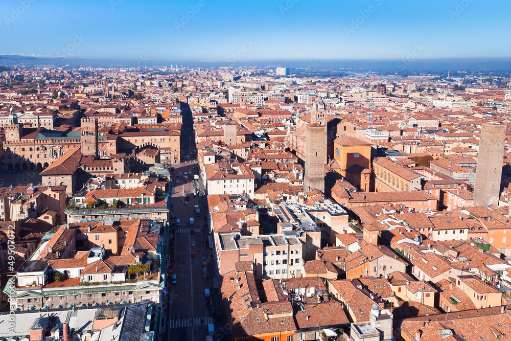 view from Asinelli Tower on Strada Maggiore in Bologna