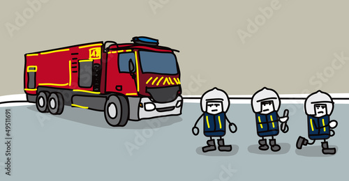 3 pompiers et le camion d'intervention