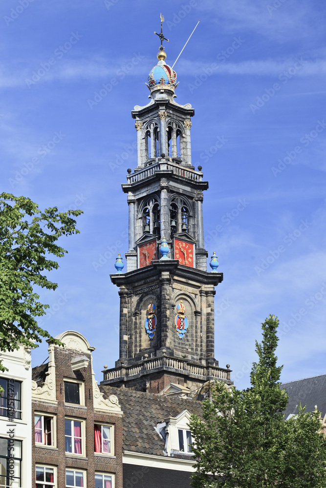 Western Tower on Aug. 18, 2012 in Amsterdam. The tower is part of the Western Church. It consist of three levels, one sandstone, and upper two wood (covered with painted lead).