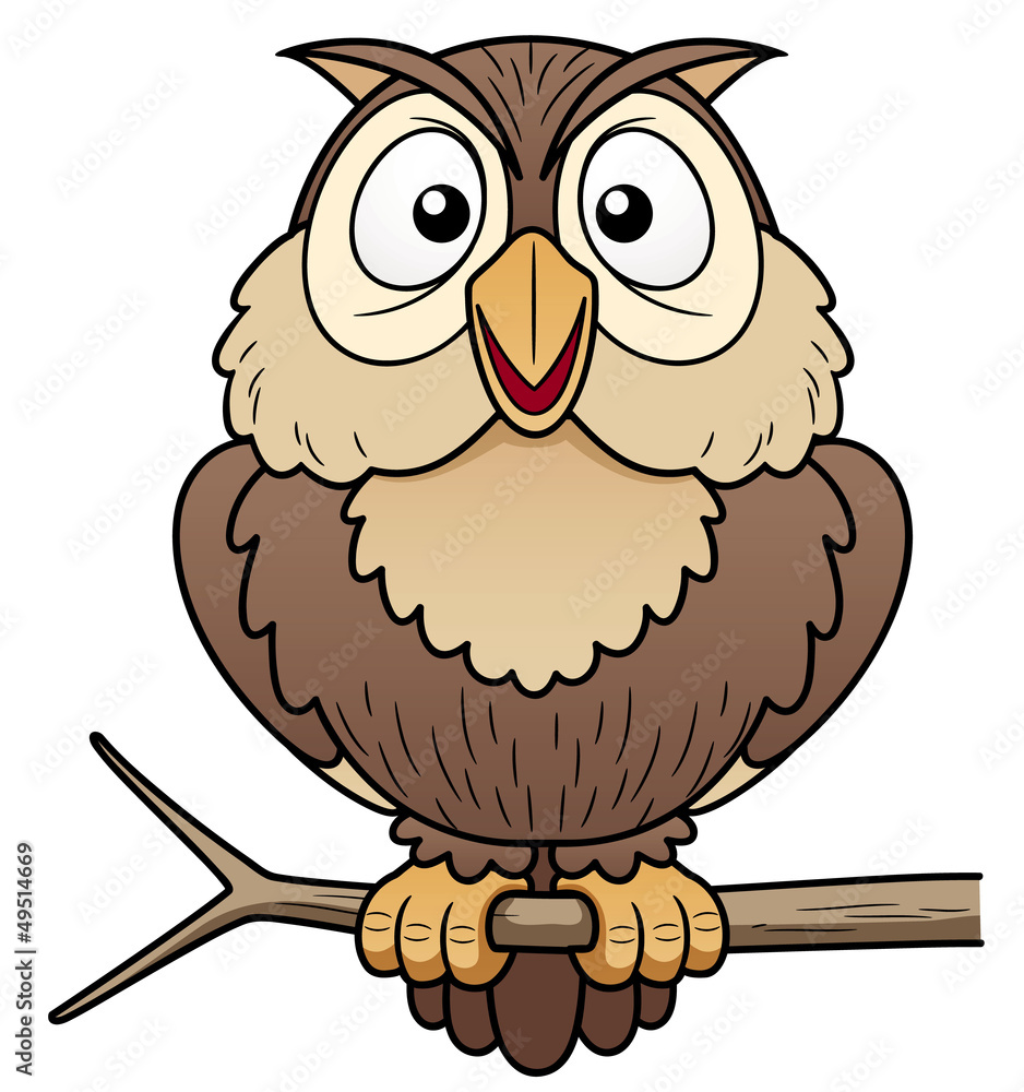 Obraz premium illustration of Cartoon owl sitting on tree branch