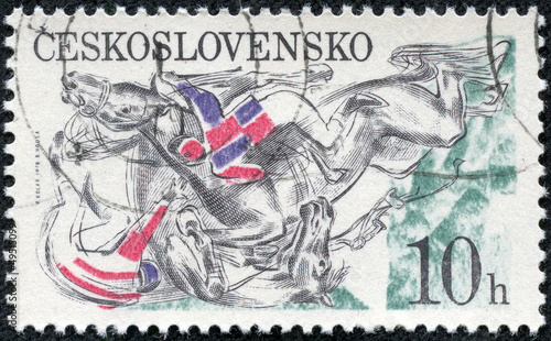 stamp shown Falling horses and jockeys at fence