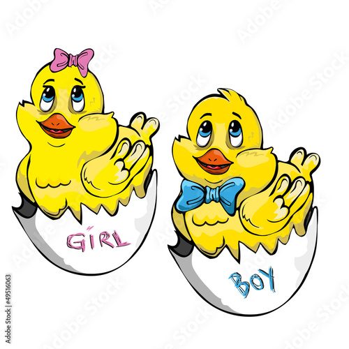 cartoon girl and boy chickens just hatched from egg