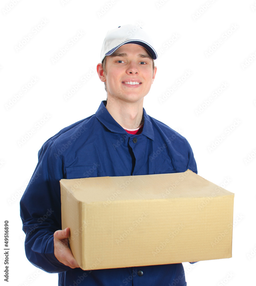 Young smiling courier holding cardboard box. Isolated on white Young smiling courier holding cardboard box. Isolated on white