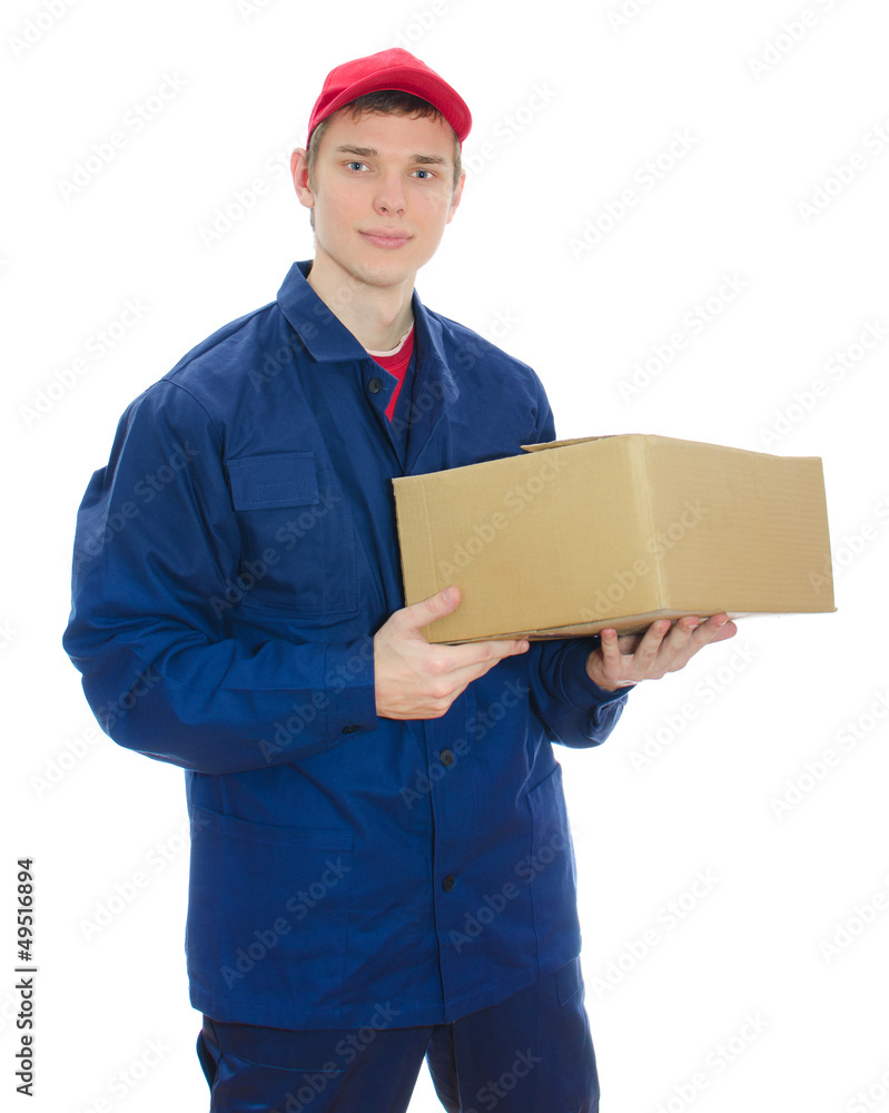 Young courier holding cardboard box. Isolated on white Young courier holding cardboard box. Isolated on white