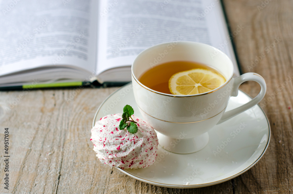 A Cup of tea with lemon and marshmallow A Cup of tea with lemon and marshmallow