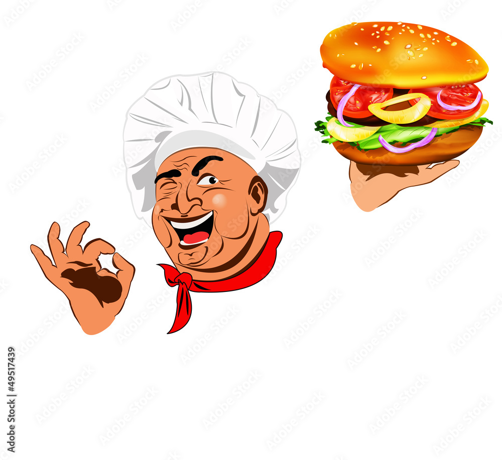 Funny Chef and traditional big hamburger Funny Chef and traditional big hamburger