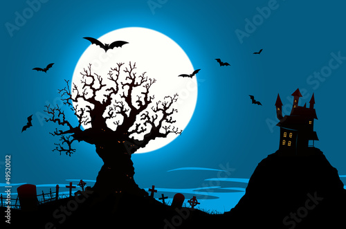 Halloween Poster - Haunted House And Evil Tree