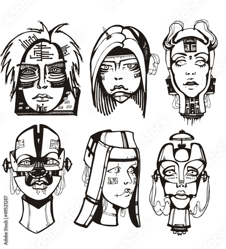 Heads of female cyborgs