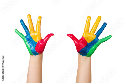 Close up of colorful painted child hand isolated on white