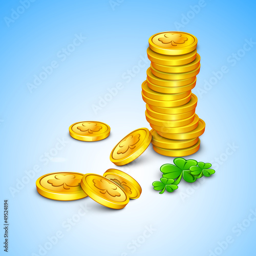Irish shamrock leaves and golden coins flyer, banner or backgrou