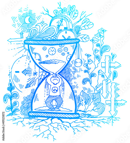 Sketchy doodles with stressed man in hourglass