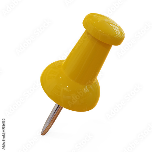 3D Yellow thumbtac isolated on white background. photo