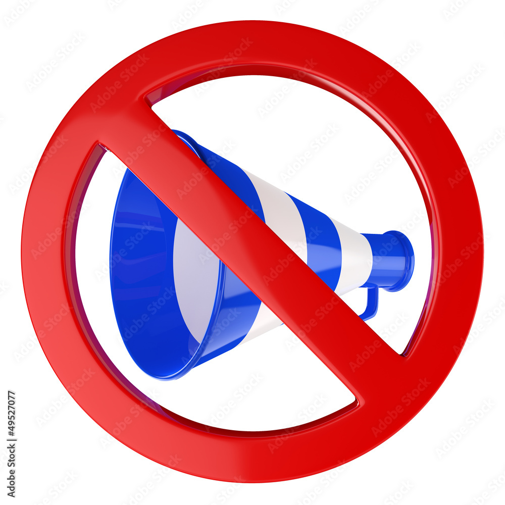 3D Megaphone or bullhorn with red not allowed sign or symbol...