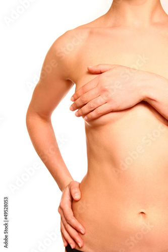 Female body with a breast covered isolated on white background