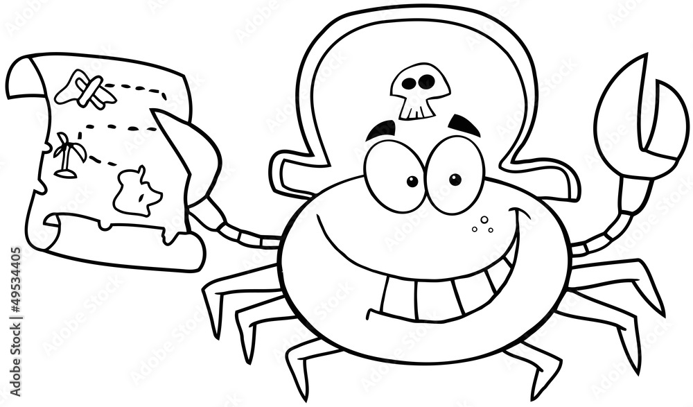 Outlined Pirate Crab Holding A Treasure Map