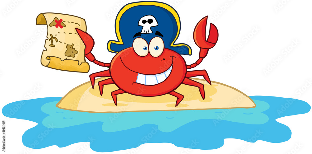 Plakat Pirate Crab Holding A Treasure Map On Island