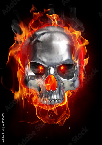 Metallic skull on fire