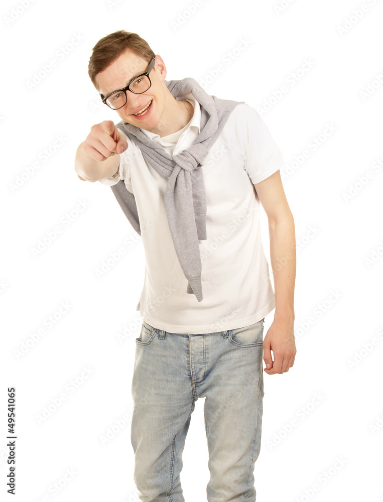 Fototapeta premium Closeup of a man pointing at you, isolated on white background