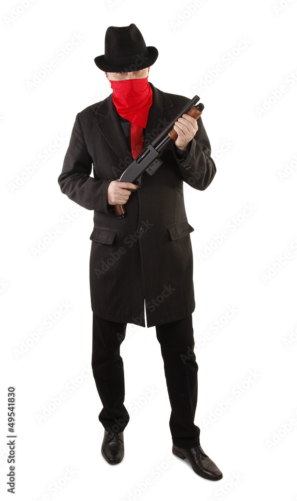 Criminal masked with red scarf with shotgun Criminal masked with red scarf with shotgun