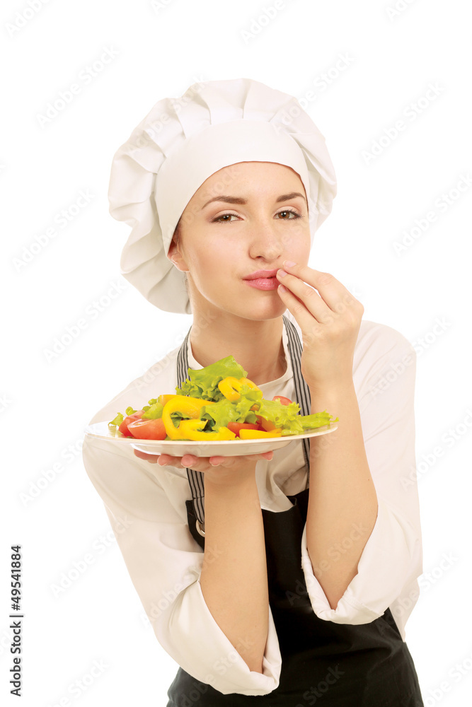 Pretty cook chief holding salad, isolated on white background Pretty cook chief holding salad, isolated on white background
