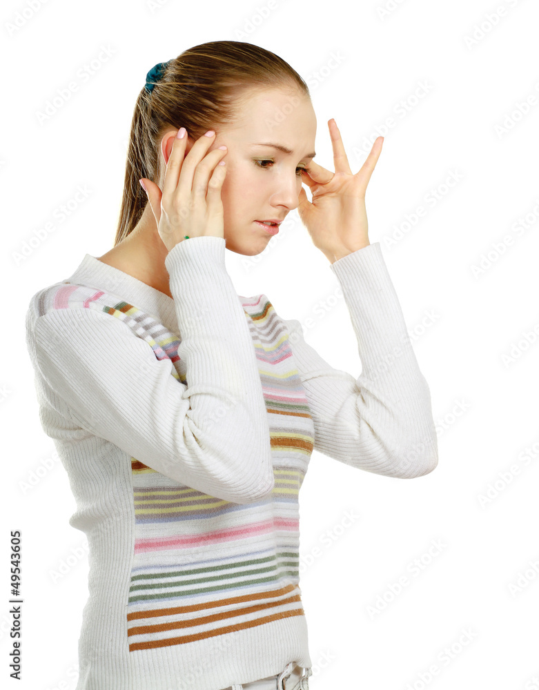 Young woman with head pain on white background Young woman with head pain on white background