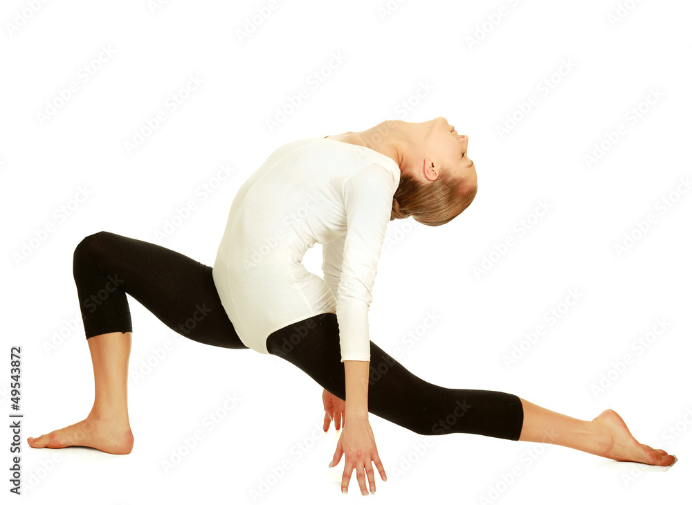 Naklejka premium Gymnast girl in flexible back pose, isolated on white background