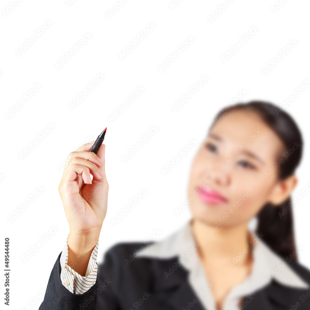 Young woman business writing something, on the screen isolated o Young woman business writing something, on the screen isolated o