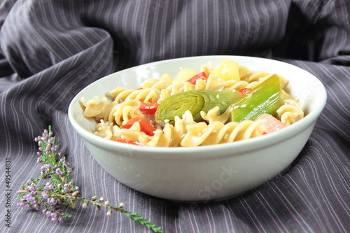 dinner with pasta and stewed vegetables