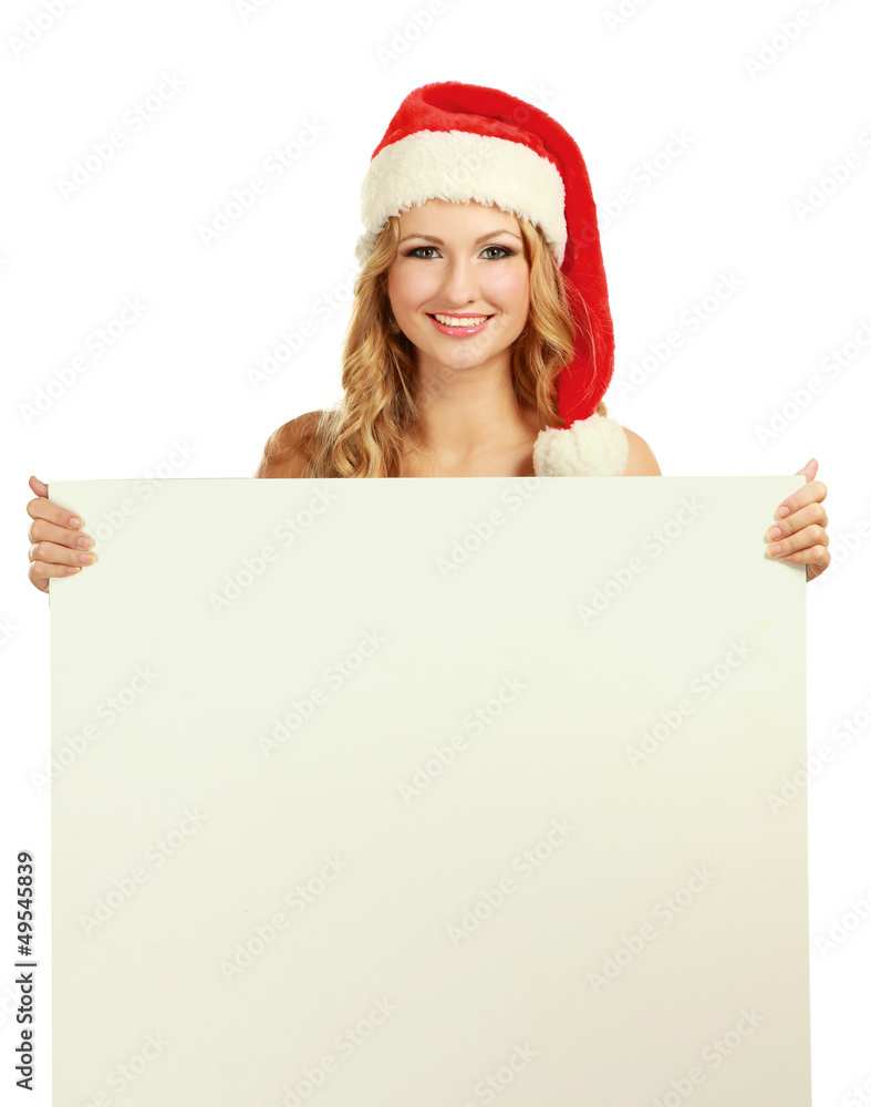 Beautiful christmas woman in santa hat holding Beautiful christmas woman in santa hat holding