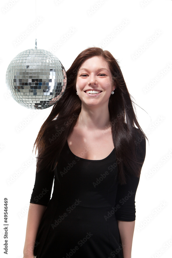 Naklejka premium Happy Young Woman With Disco Ball