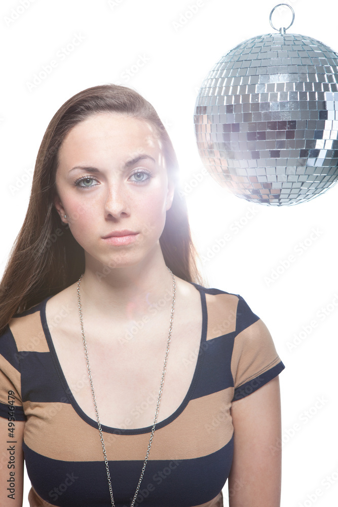 Naklejka premium Serious Woman In Front Of Disco Ball