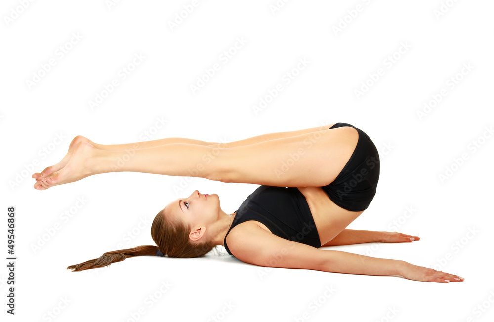 Gymnast girl in flexible back pose, isolated on white background Gymnast girl in flexible back pose, isolated on white background