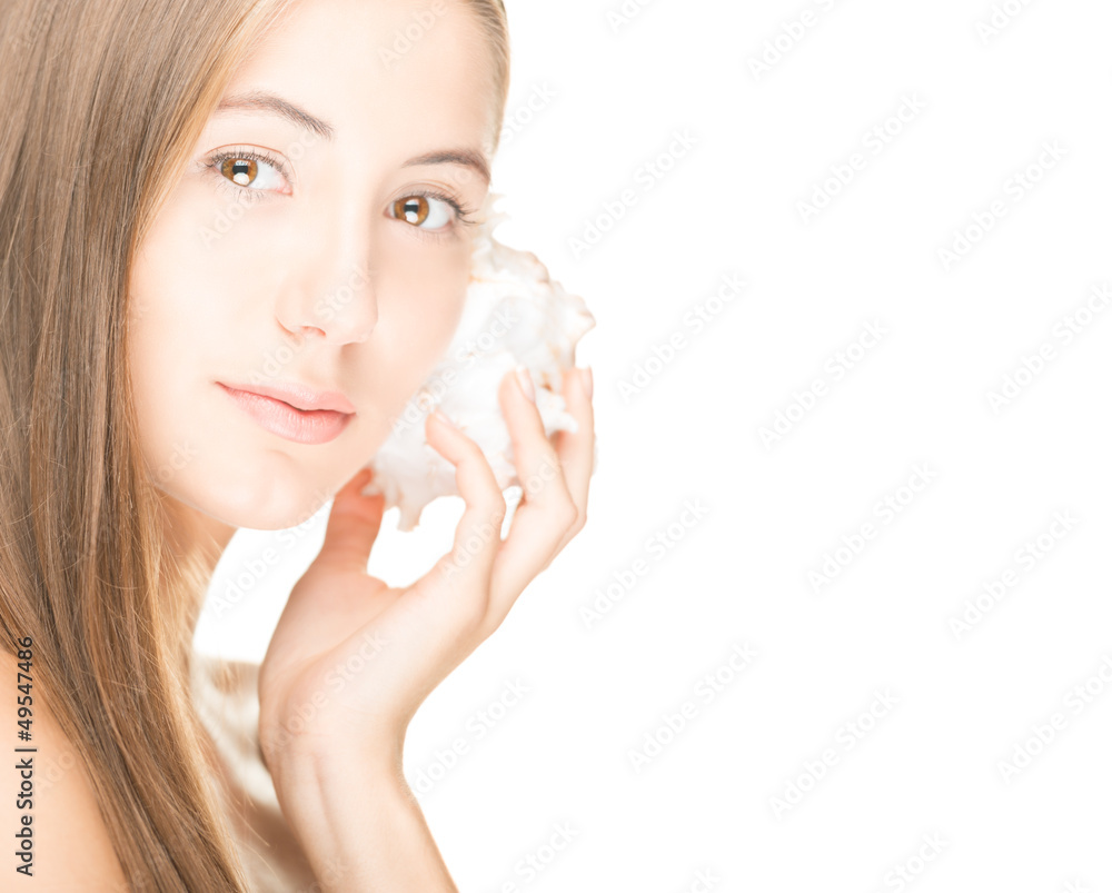 Pretty woman with seashell isolated on white. Pretty woman with seashell isolated on white.
