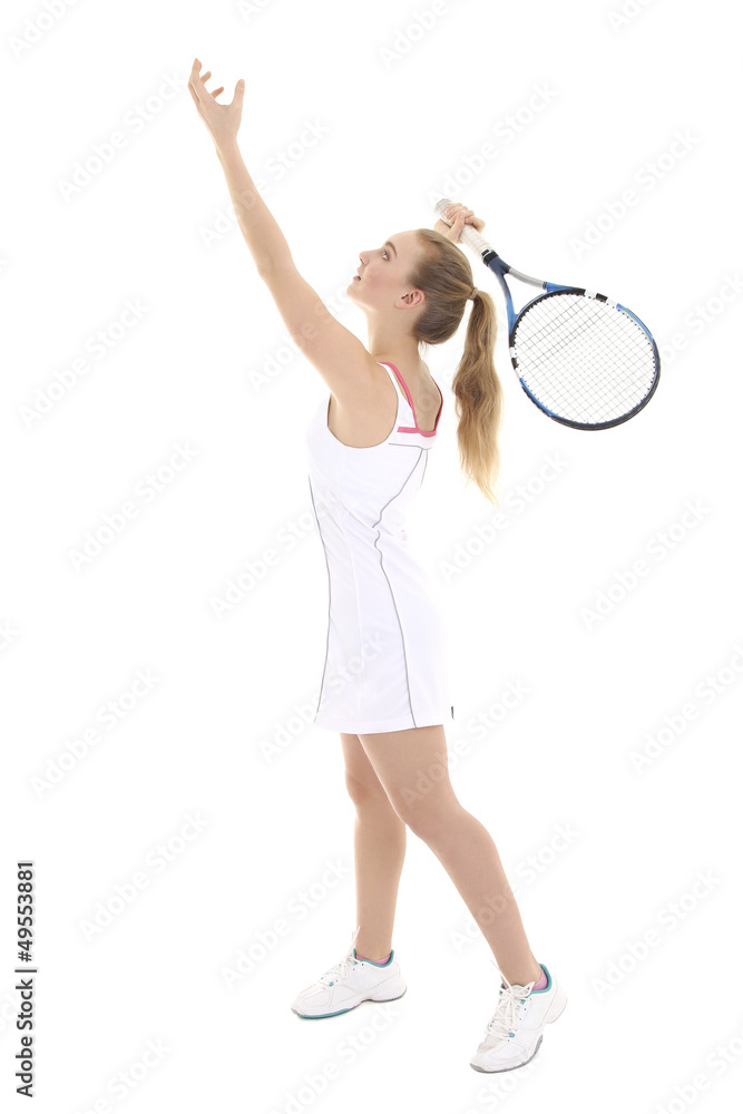 young attractive female tennis player with racket over white young attractive female tennis player with racket over white